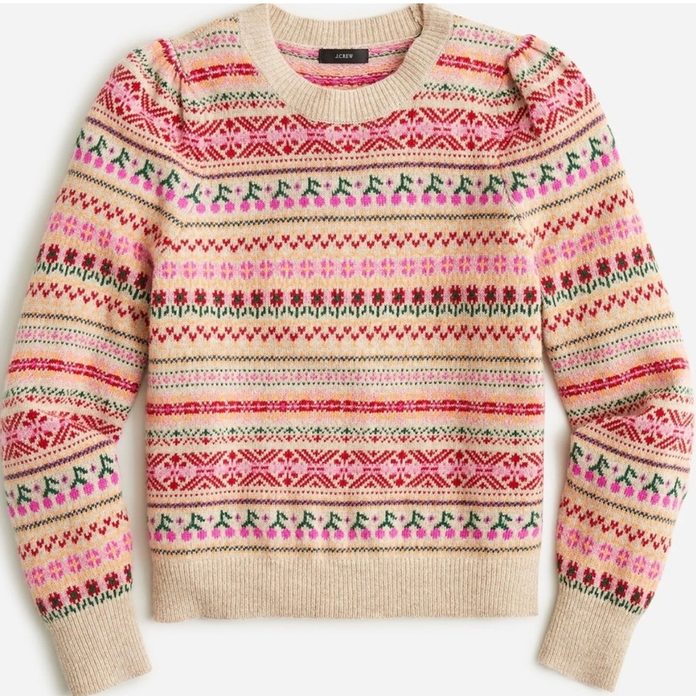 J.Crew Puff-Sleeve Fair Isle Crewneck Sweater Cherries Sz Small NWT Cream Beige